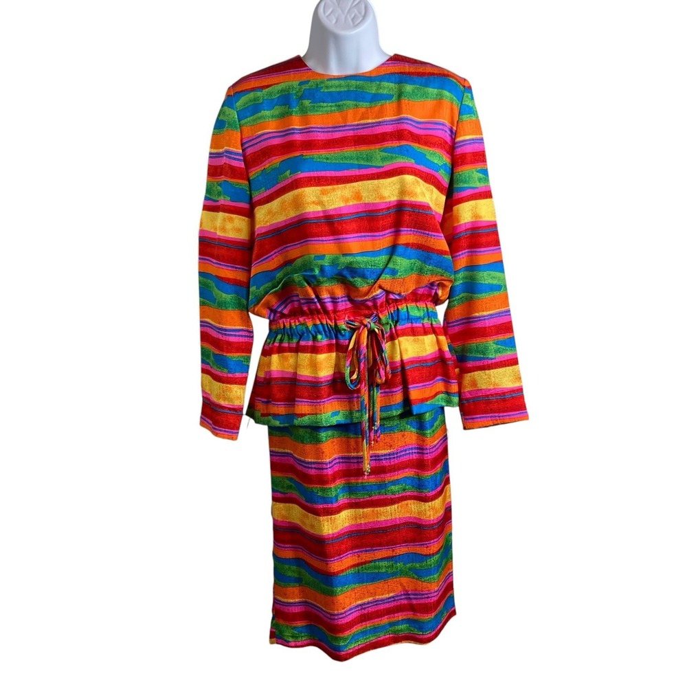 Vintage 80s Nipon Boutique Rainbow Silk Two Piece Skirt Set Size 6 Statement